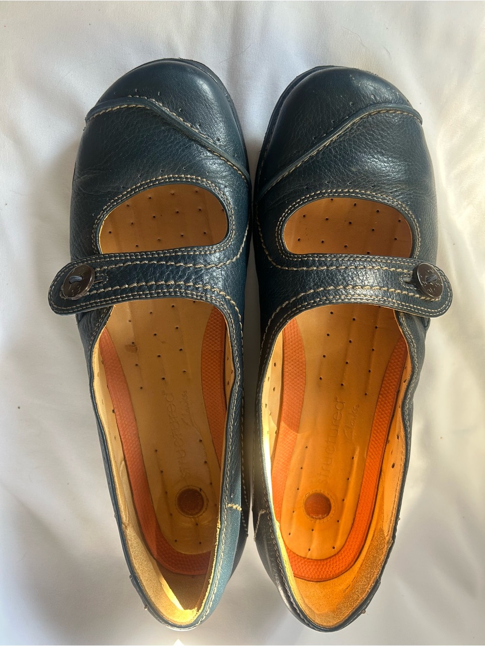 Clarks Navy Mary Jane Leather Flats with Tan Insoles